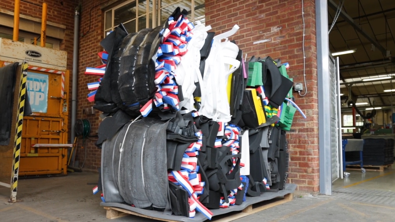 Compacted various foam materials ready to be recycled and upcycled. Renewable energy, sustainability.